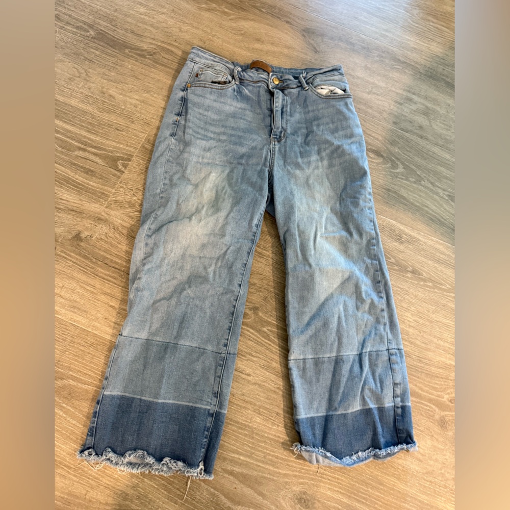 Judy Blue Light and Dark Blue Flare Jeans Sz 15/32 Frayed Raw Hem Coastal